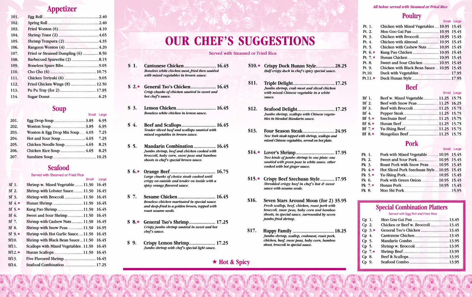 China Chefs takeout menu page with appetizer, chef suggestions, poultry, beef, pork, seafood, and combination platters