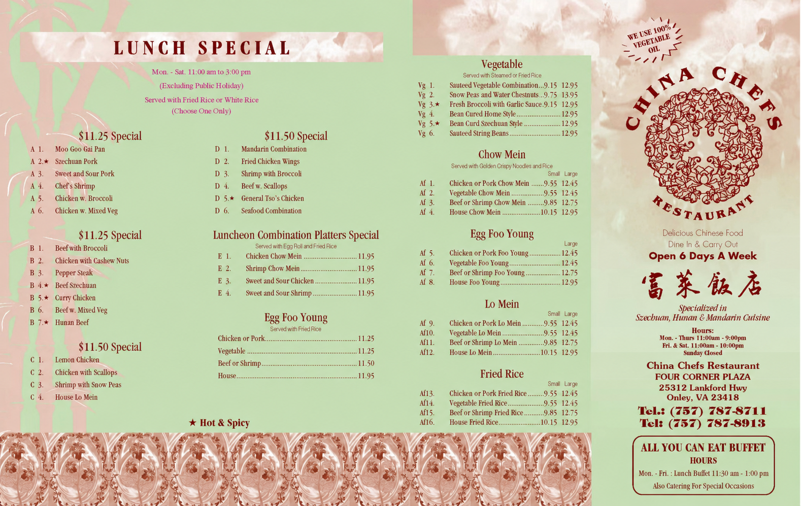 China Chefs takeout menu page with lunch specials, vegetable, chow mein, egg foo young, lo mein, fried rice, address, hours, and buffet information